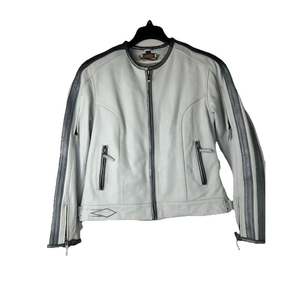 Power Trip Women's Leather Zip Up Motorcycle Jacket Large Cream/Silver Grey